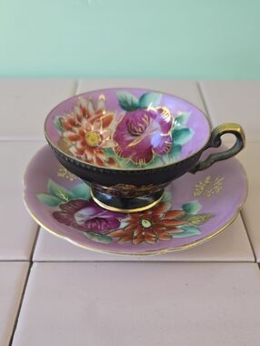 Decorative Purple Floral Teacup and Saucer Set - Gold Trim #3